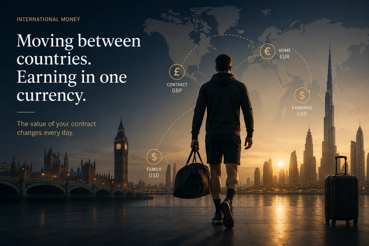 Professional athlete moving between the UK and UAE while earning and spending across different currencies.